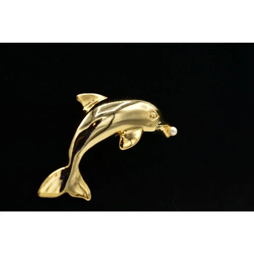 Vintage Figural Dolphin Pin Brooch Pearl Gold Tone 2.5